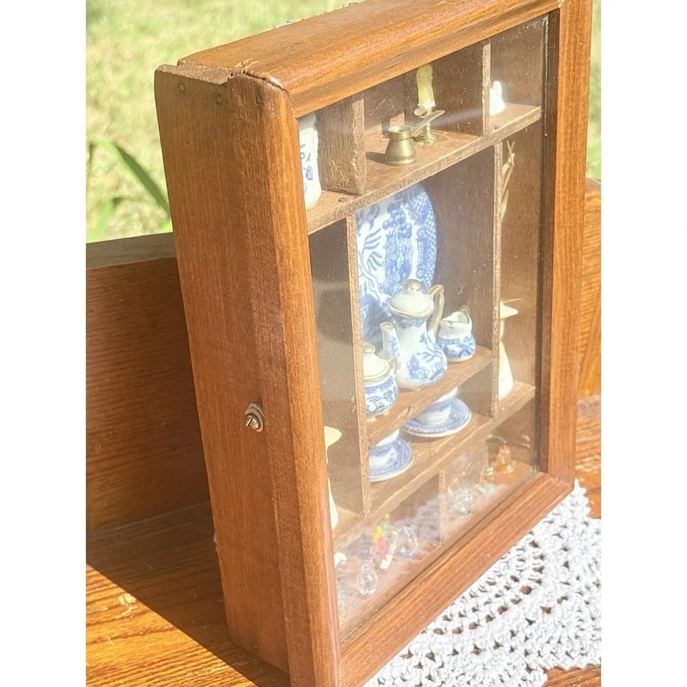 Vintage Blue Willow Miniature Tea Set Shadow Box Wall Display Case Cottagecore